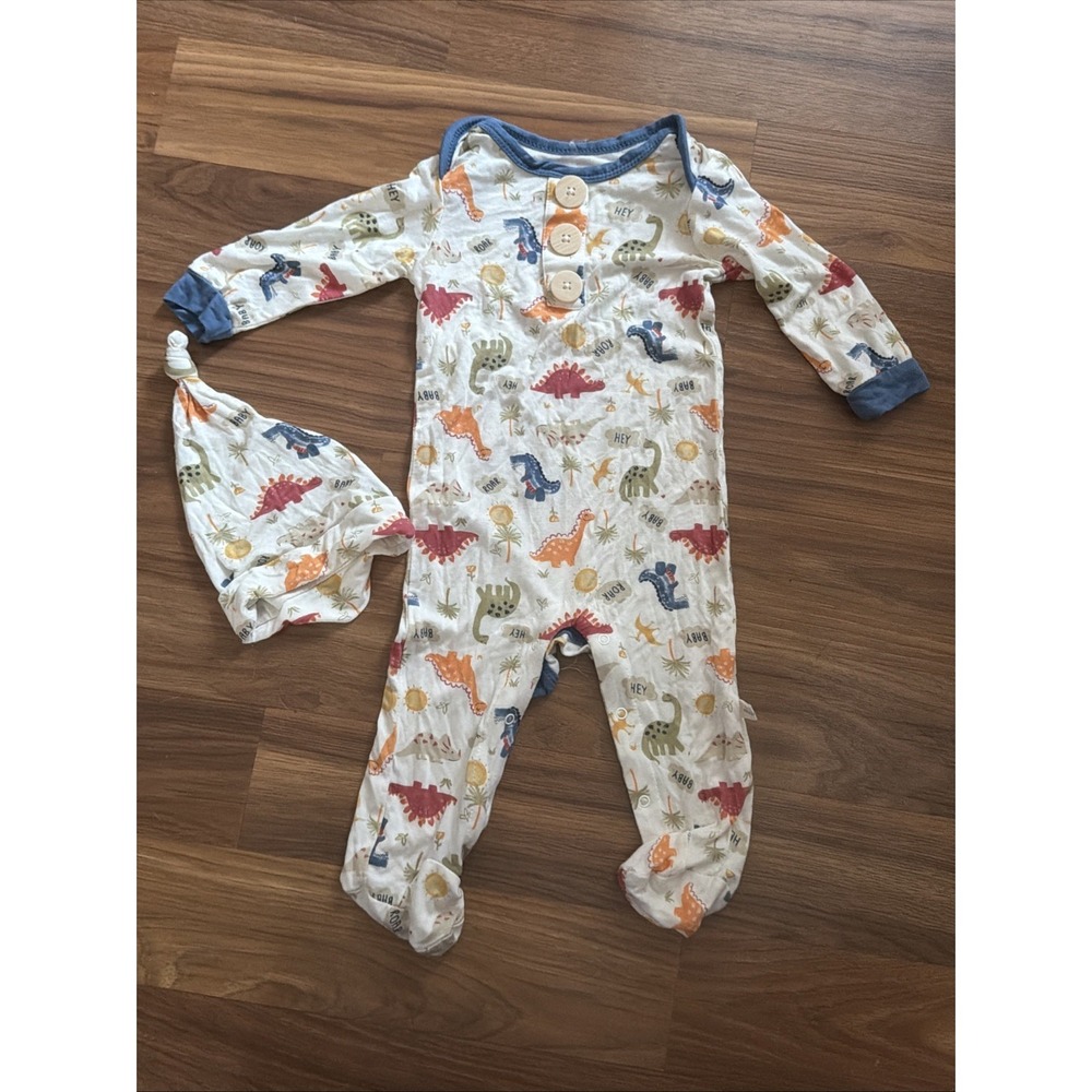 Milkberry Baby Boys 6-9 Months Dinosaur Footed Sleeper Pajamas Cap EUC